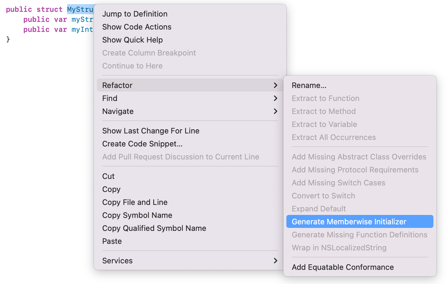 Generate Memberwise Initializer menu